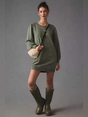 ANTHROPOLOGIE Daily Practice Washed Sweatshirt Mini Dress Moss Green M Casual